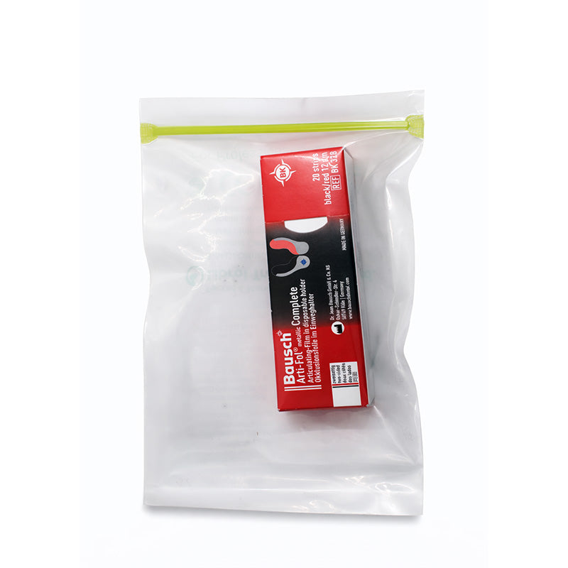 Bausch Arti-Fol 12µ articulating film, dental articulating paper, showing thin, flexible film with textured surface for dental bite analysis.