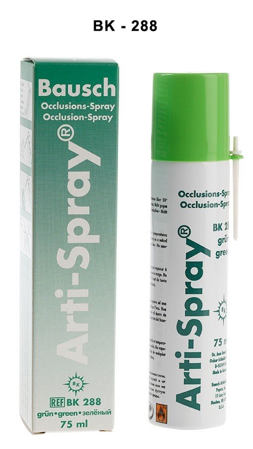 Bausch Arti occlusion spray 75 ml in a bottle, used for articulating paper application in dental procedures.