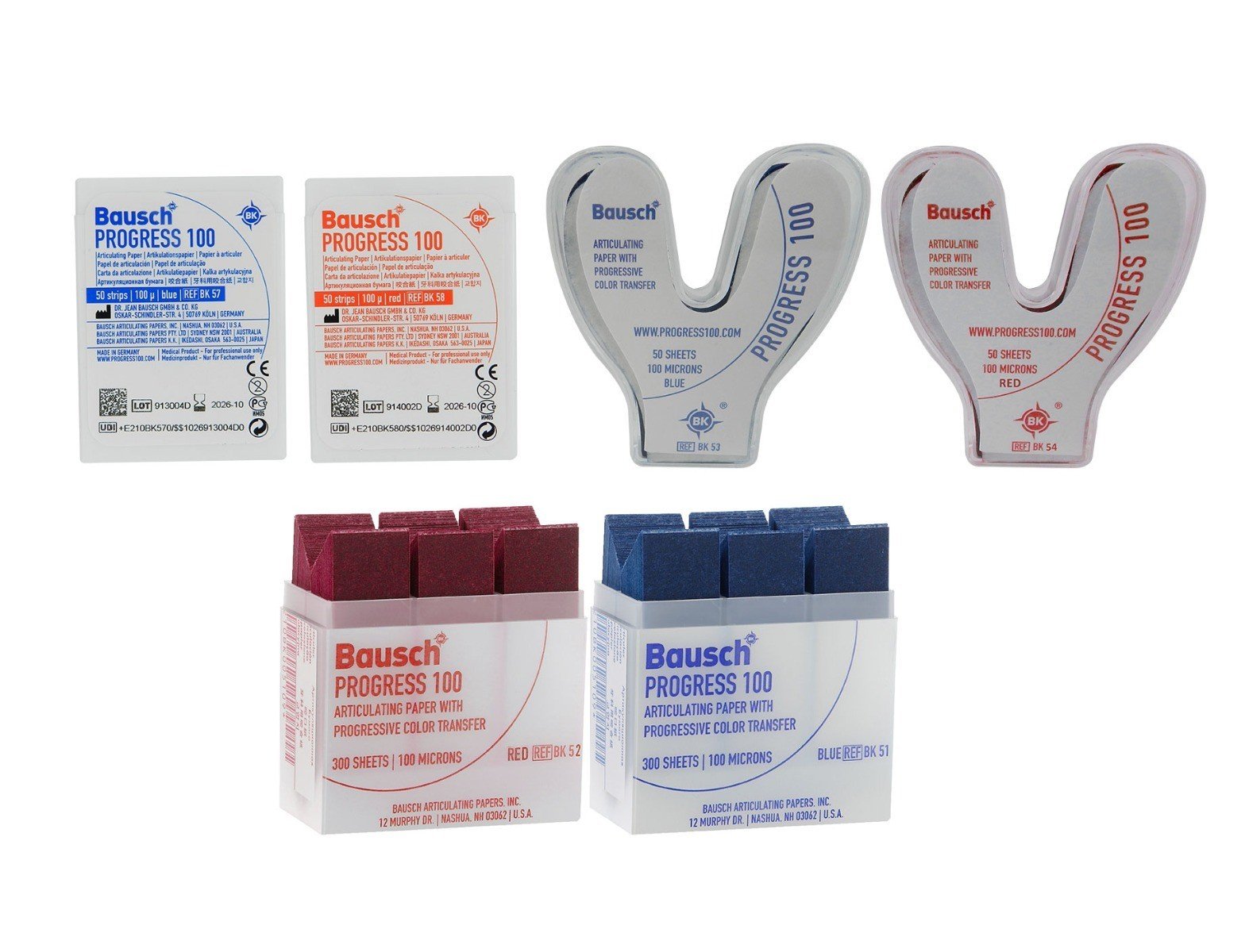 Bausch Articulating Paper Flim in plastic dispenser with 50 pre-cut blue strips for dental bite registration, 100µ microns.