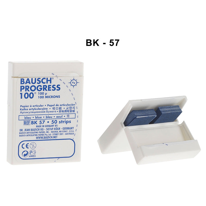 Bausch articulating paper in plastic dispenser with 50 pre-cut blue strips, 100µ microns for color transfer testing.