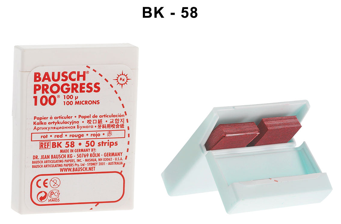 Bausch articulating paper in plastic dispenser with 50 pre-cut blue strips for dental bite registration, 100µ microns thick.