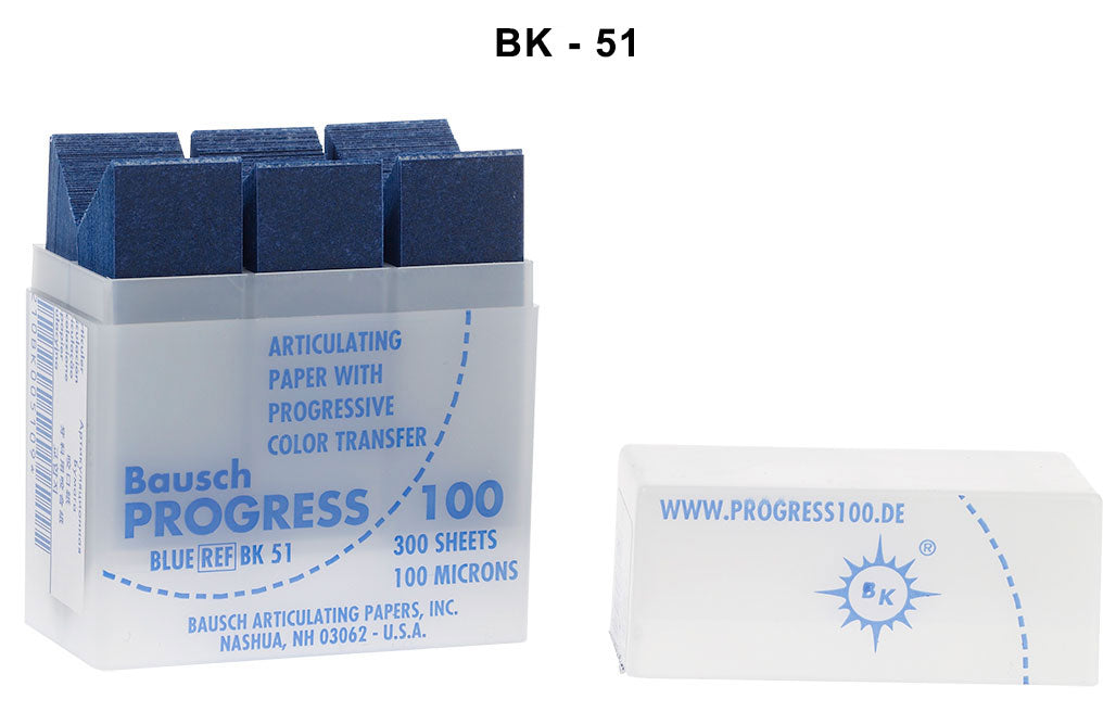 Bausch articulating paper flim with plastic dispenser, 50 pre-cut blue strips, 100µ microns, for dental occlusion testing.
