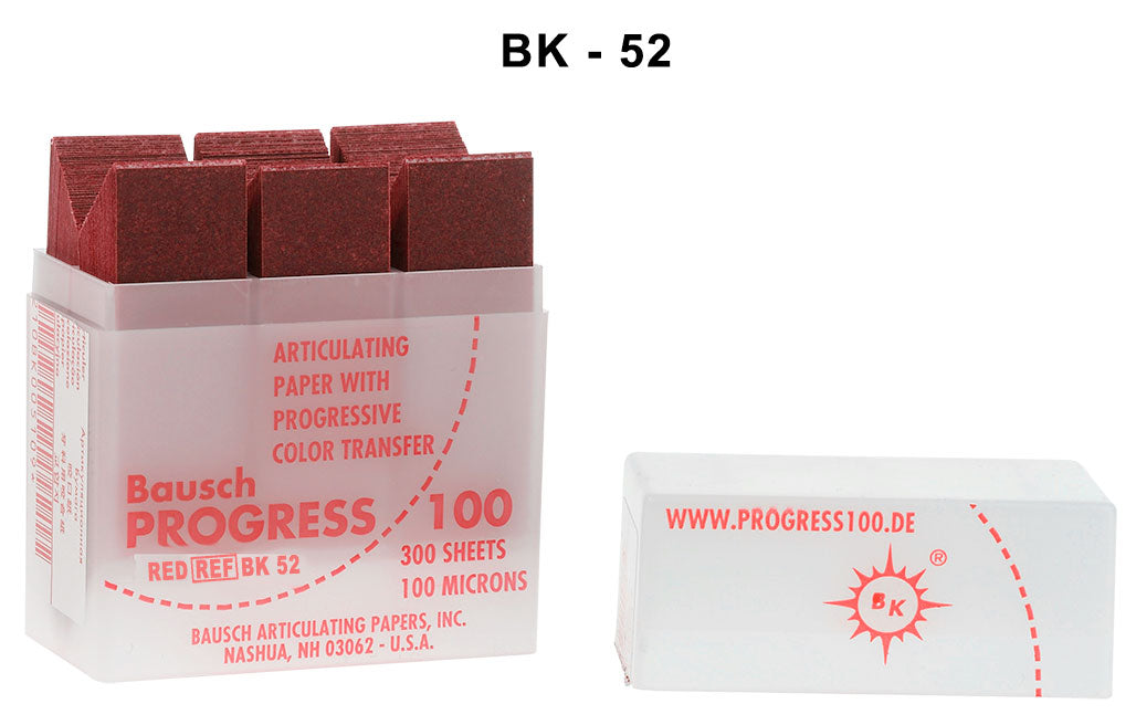 Bausch articulating paper in plastic dispenser with 50 pre-cut blue strips, 100µ microns for dental color transfer testing.