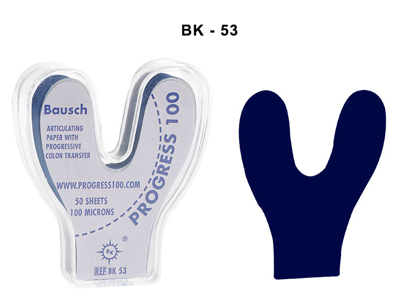 Bausch articulating paper flim with plastic dispenser and 50 pre-cut blue strips, 100µ microns, for dental color transfer.