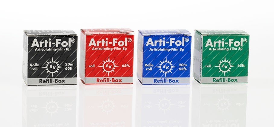 Group of Bausch Arti-Fol Ultra Thin Articulating Paper films in various sizes, showing their thin, flexible design for dental use.