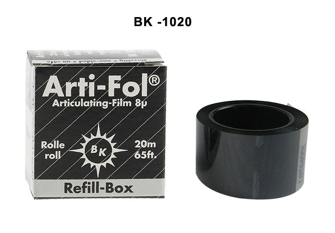 Bausch Arti-Fol articulating film, ultra-thin 8µ microns, showing a close-up of the clear, flexible articulating paper used in dental diagnostics.