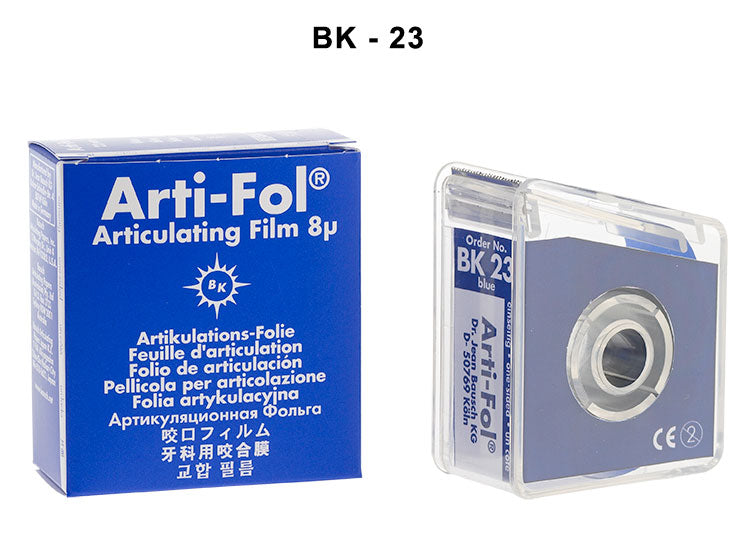 Bausch Arti-Fol articulating film in dispenser, ultra-thin 8µ microns, used for dental bite registration and occlusion analysis.
