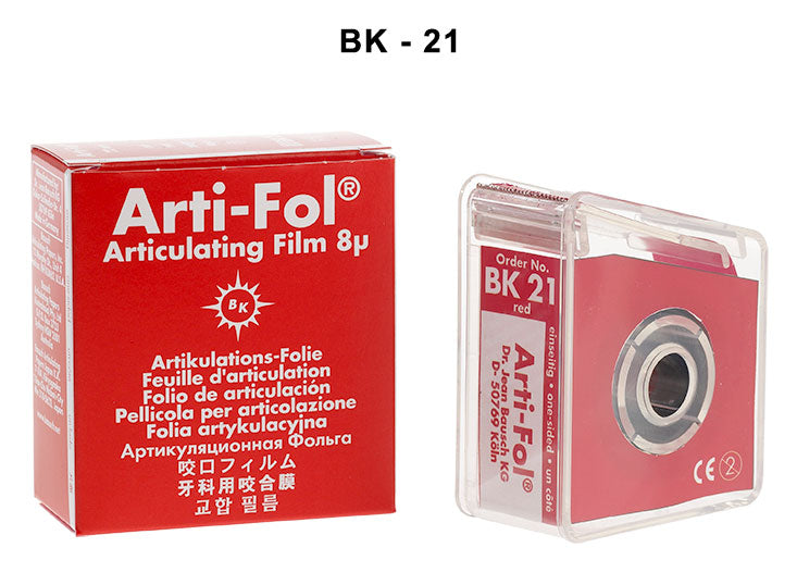 Bausch Arti-Fol ultra-thin articulating film 8µ microns in dispenser, used for dental bite registration and occlusion analysis.