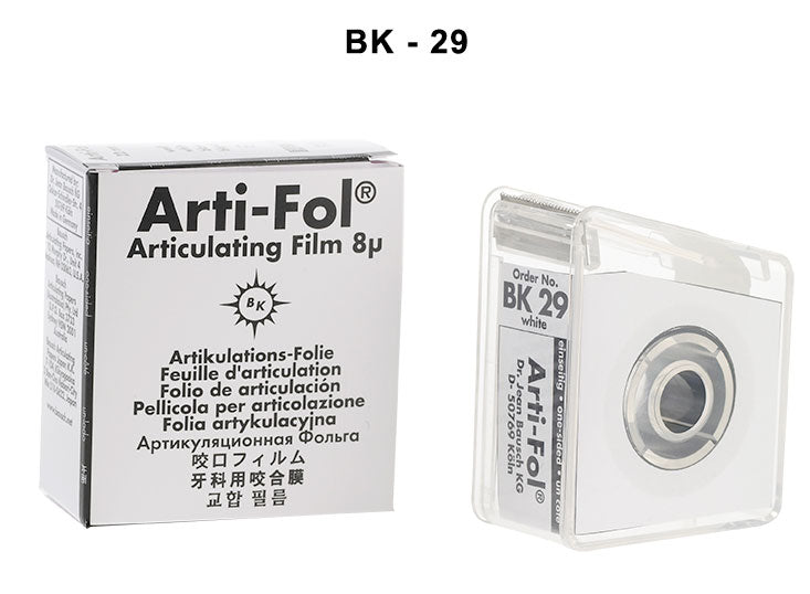 Bausch Arti-Fol ultra-thin articulating film, 8µ microns, showing a close-up of the transparent articulating paper used in dental procedures.