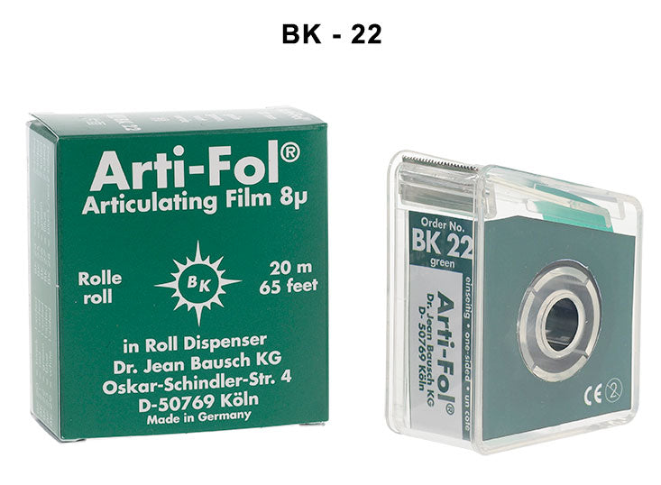 Bausch Arti-Fol articulating film ultra thin 8µ microns, dental articulating paper shown in a close-up image.