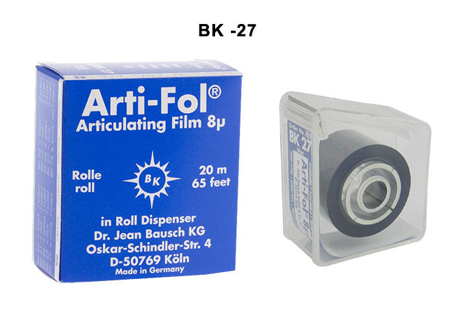 Bausch Arti-Fol ultra-thin articulating film, 8µ microns, used for dental bite registration, shown in a close-up image.