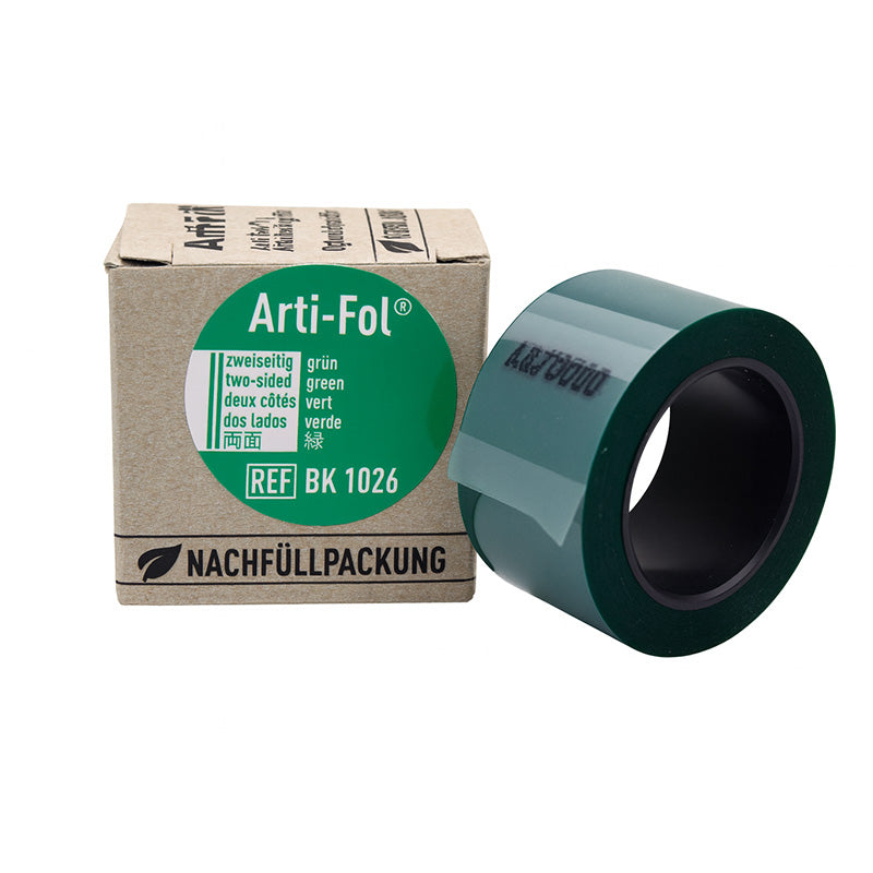 Bausch Arti-Fol ultra-thin articulating film, 8µ microns, shown in a close-up image of the flexible articulating paper used for dental contact marks.