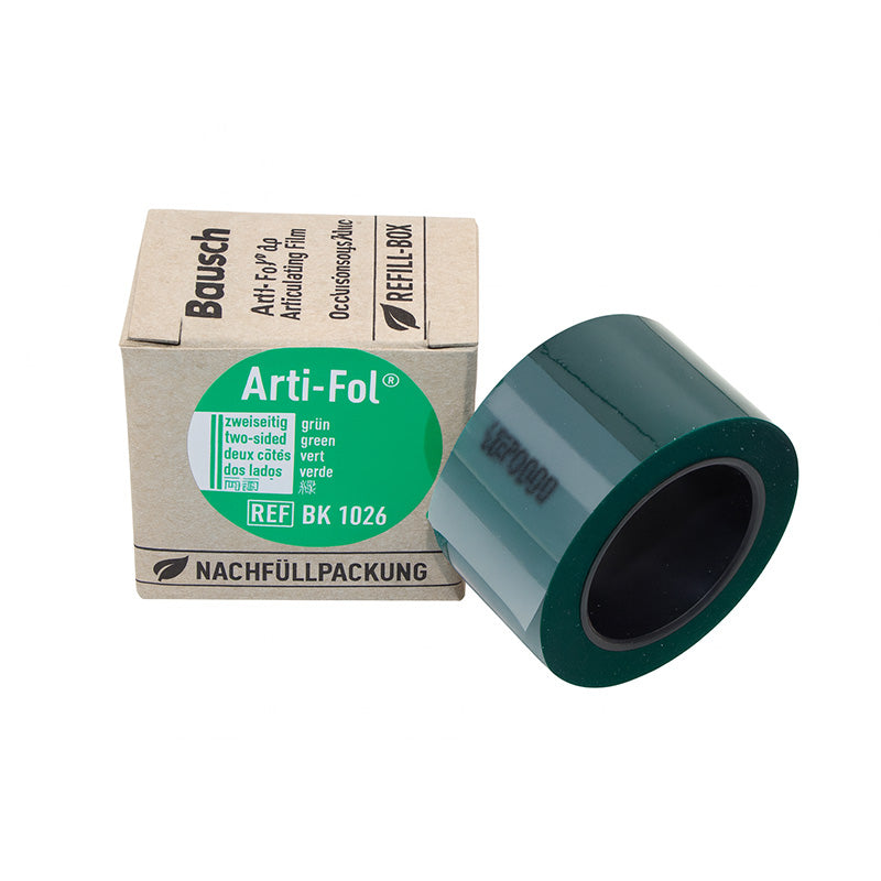 Bausch Arti-Fol ultra-thin articulating film, 8µ microns, showing a close-up of the transparent, flexible articulating paper used in dentistry.