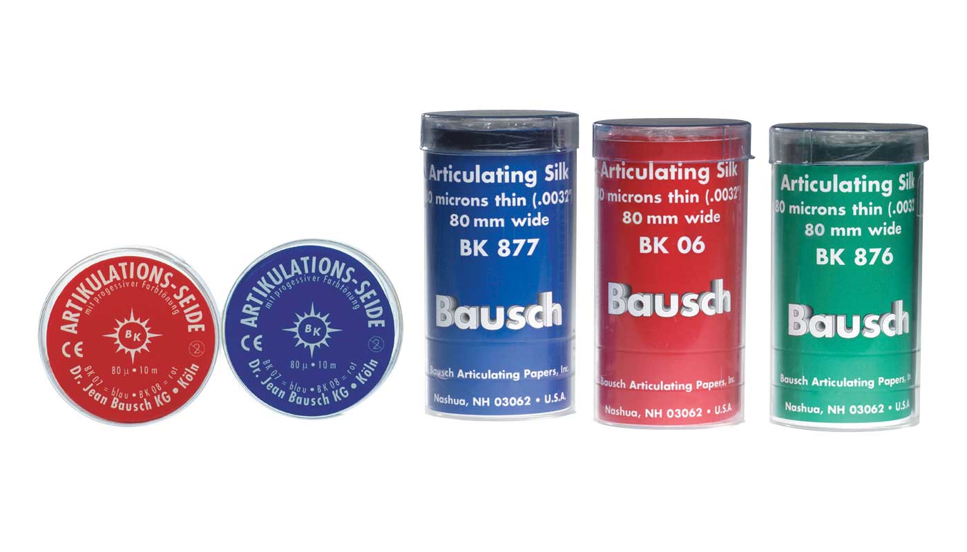 Bausch Articulating Silk articulating paper, 80µ microns, thin and flexible for dental bite registration, shown in the image.