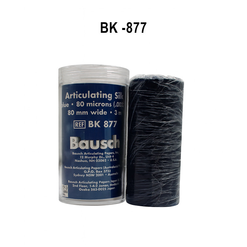 Bausch Articulating Silk 80µ Microns articulating paper film, shown in BK-877-1 image, used for dental bite registration and marking.