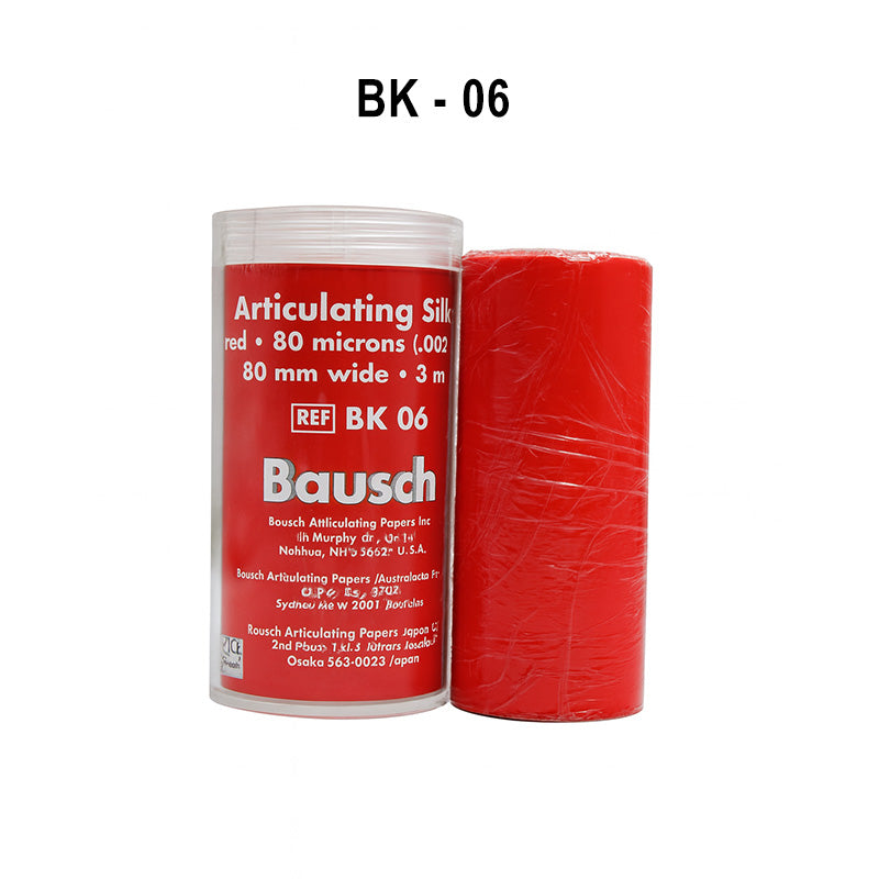 Bausch Articulating Silk 80µ Microns articulating paper for dental use, shown as a thin, flexible film in the image.