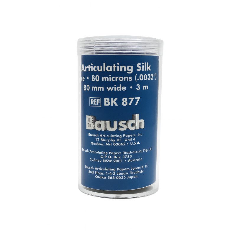 Bausch Articulating Silk articulating paper, 80µ microns, shown in a close-up image highlighting its thin, flexible film for dental use.