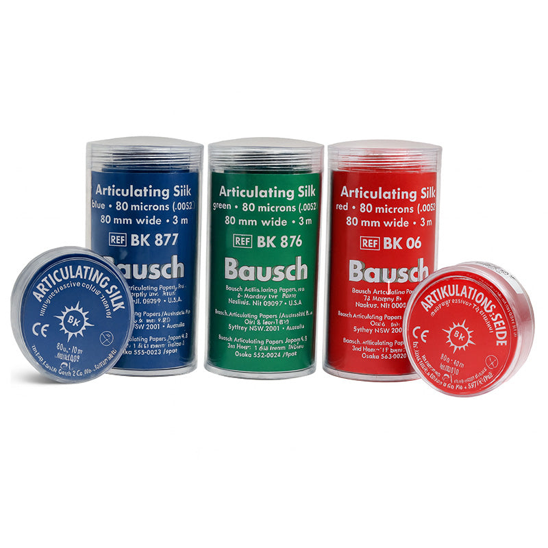 Bausch Articulating Silk articulating paper film, 80µ microns, used for dental bite registration, shown in BK.jpg image.