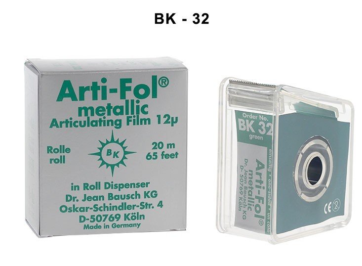 Bausch Arti-Fol Metallic Shimstock Film roll in dispenser, 12µ microns, blue, one-sided, 20 meters for articulating paper applications.