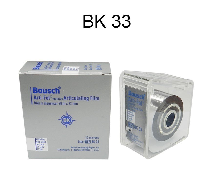 Bausch Arti-Fol Metallic Shimstock Film roll in dispenser, 12µ microns, blue, one-sided, 20 meters for dental articulating purposes
