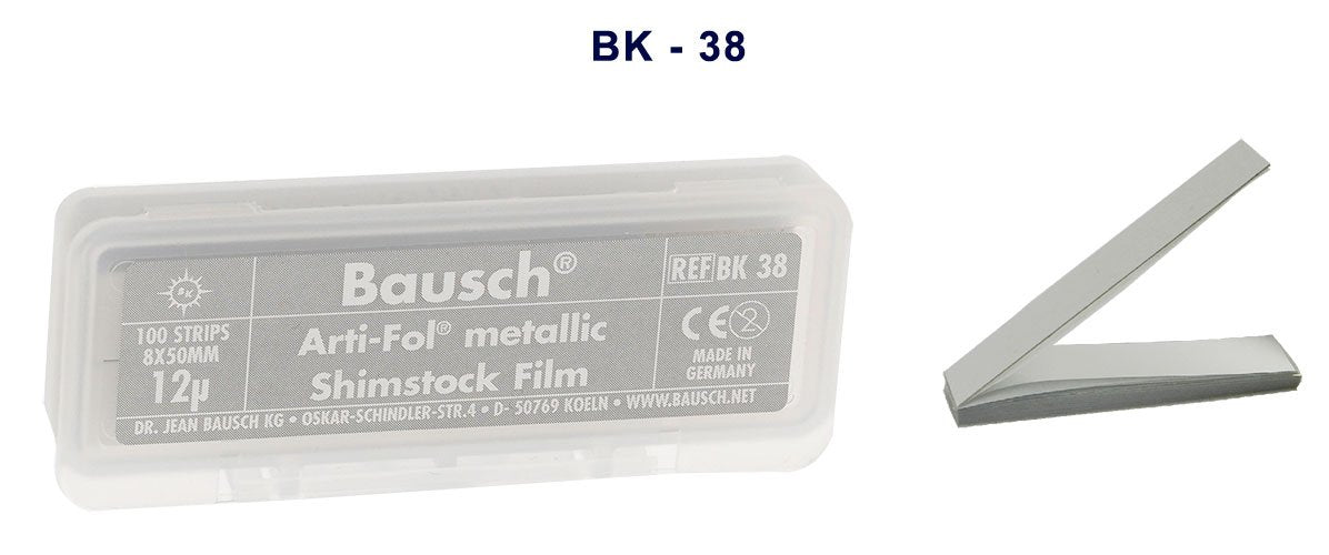 Bausch Arti-Fol Metallic Shimstock Film roll in dispenser, 12µ microns, 22mm width, blue, for articulating paper applications