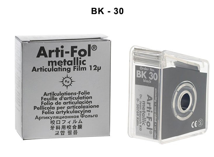 Bausch Arti-Fol Metallic Shimstock Film roll in dispenser, 12µ microns, blue, one-sided, 20 meters, for articulating and dental use