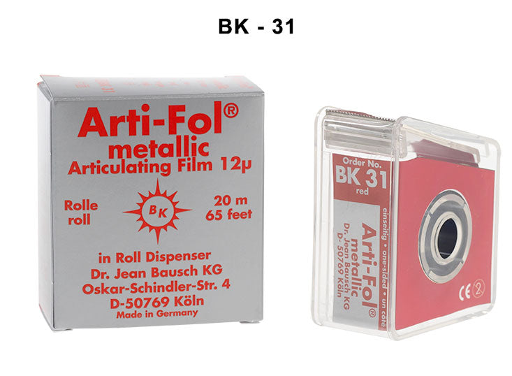 Bausch Arti-Fol Metallic Shimstock Film roll in dispenser, 12µ microns, blue, one-sided, 20 meters for dental articulating paper use