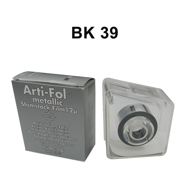 Bausch Arti-Fol Metallic Shimstock Film roll in dispenser, 12µ microns, blue, one-sided, used as articulating paper or flim.