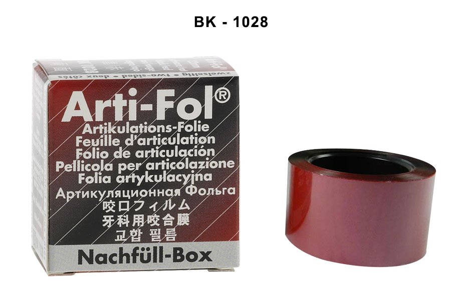 Bausch Arti Fol Metallic articulating paper, 22mm width, 20 meters length, with shiny metallic finish for dental marking purposes.