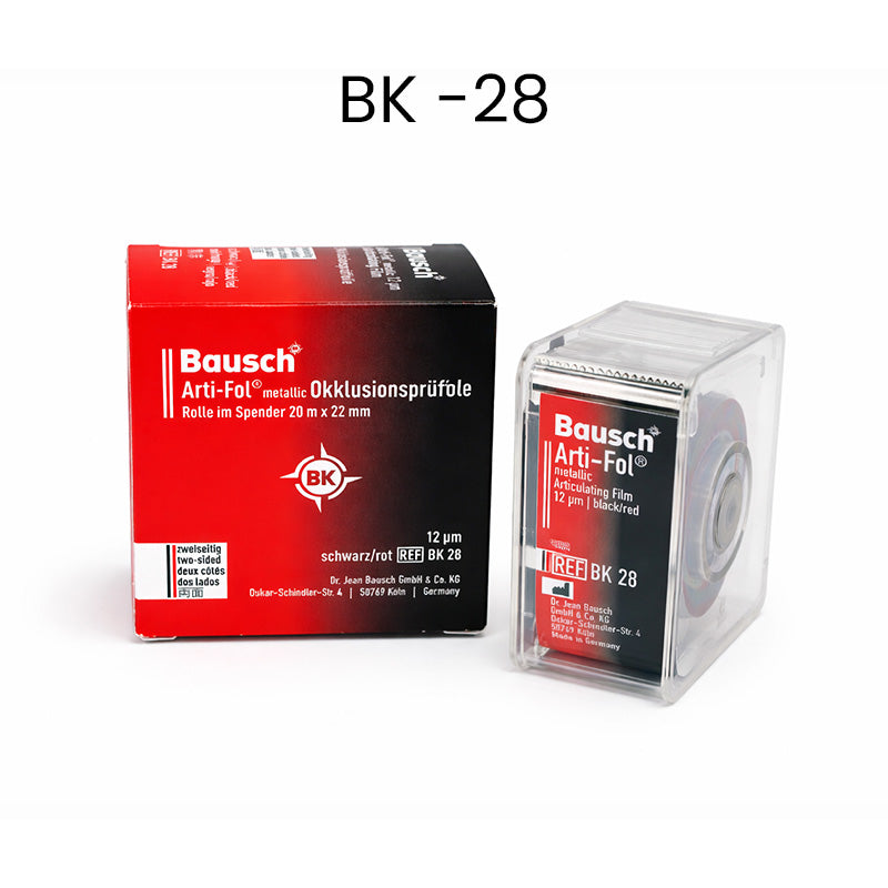 Bausch Arti Fol Metallic articulating paper, 12µ microns, 22mm width, 20 meters length, used for dental marking.