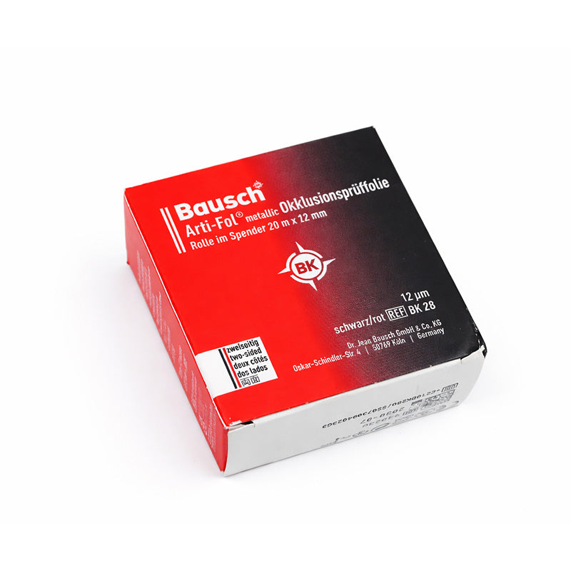 Bausch Arti Fol Metallic articulating paper, 12µ microns, 22mm width, 20 meters long, used for dental bite registration.