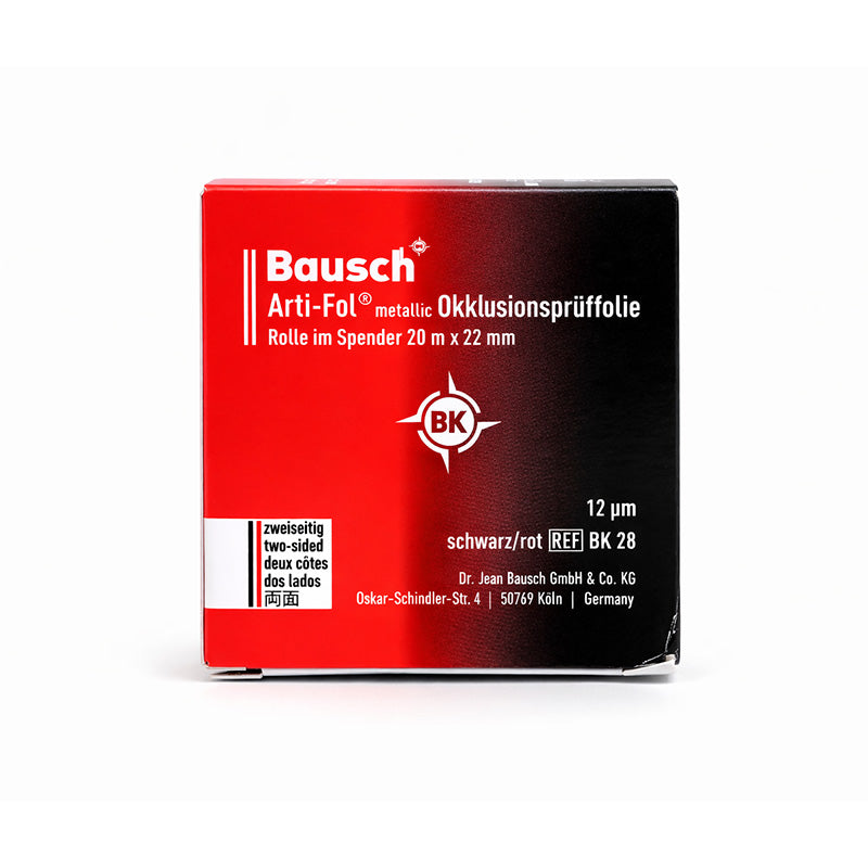 Bausch Arti Fol Metallic articulating paper, 22mm x 20m, with 12µ micron thickness, metallic finish for dental marking.