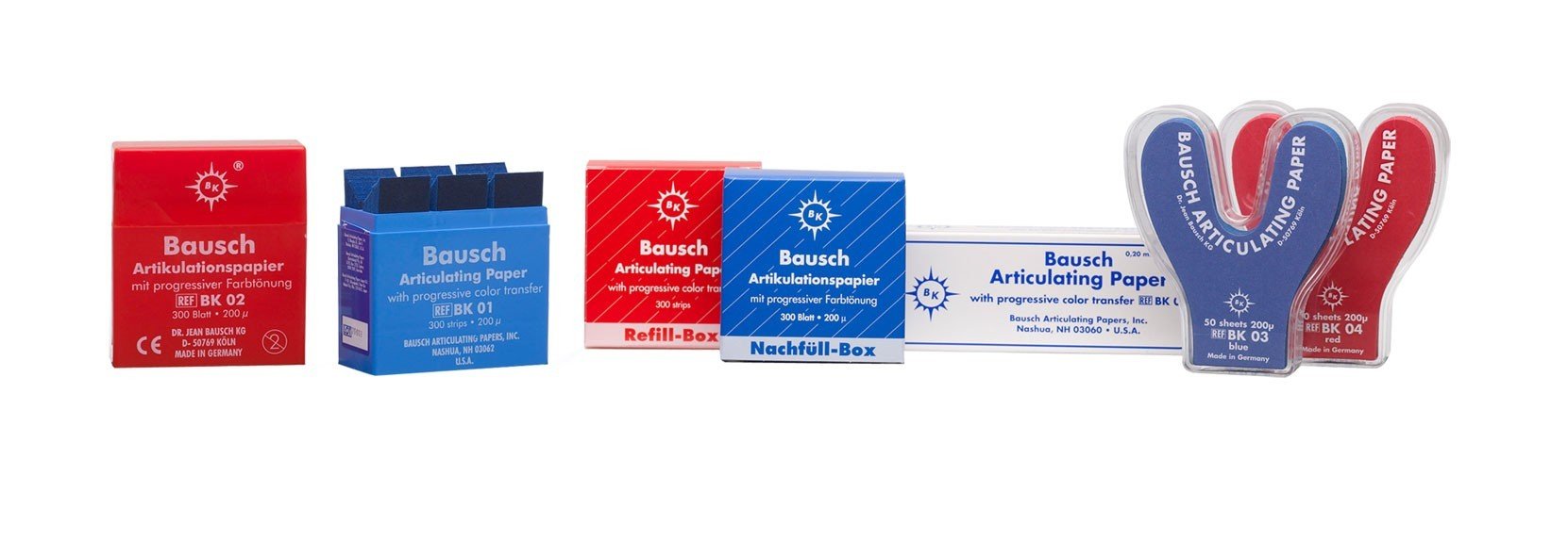 Bausch articulating paper with progressive colour transfer, 200µ microns, shown in a group of sheets for dental or clinical use.
