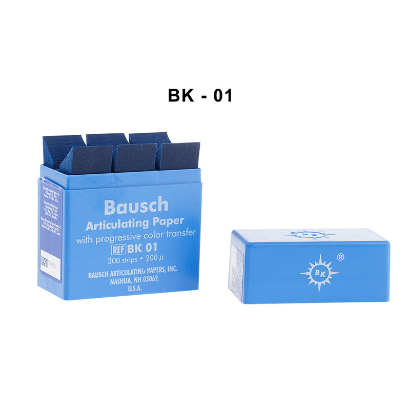 Bausch articulating paper with progressive color transfer, 200µ micron thickness, shown as a thin film for dental or clinical use.