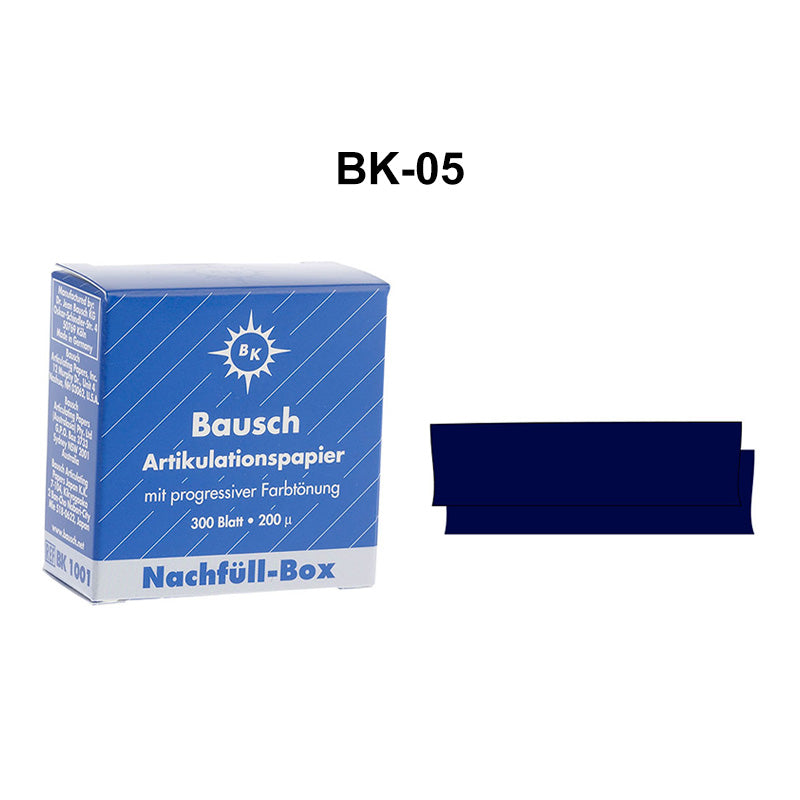 Bausch articulating paper for dental use, progressive colour transfer film with 200µ thickness, shown in a close-up view.