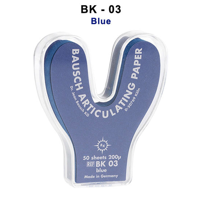 Bausch articulating paper with progressive color transfer, showing the thin 200µ micron film used for dental bite marking.
