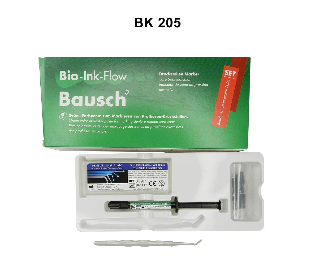 Bausch Bio-Ink Flow Paste sore-spot indicator in a 1ml syringe, used for dental composites and restorative procedures.