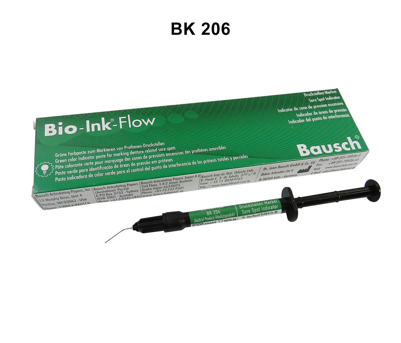 Bausch Bio-Ink Flow Paste syringe used as sore-spot indicator in dental composites, shown in a 1ml syringe.