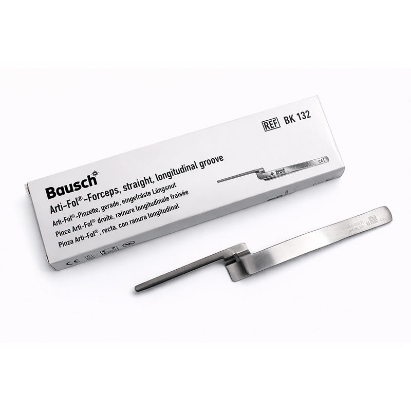 Bausch Arti Fol Forceps Straight, articulating surgical instruments with a sleek metal design and ergonomic handles.