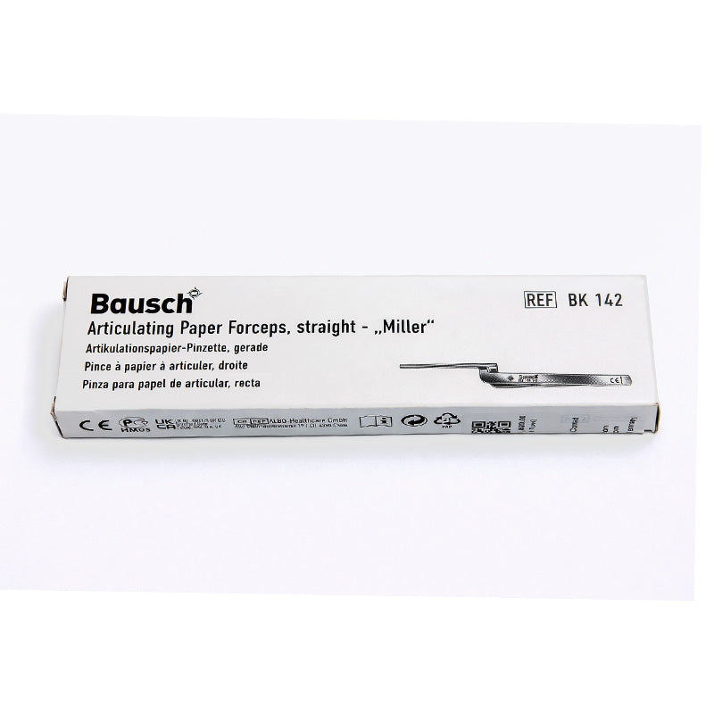 Bausch Miller articulating paper forceps used for dental procedures, featuring a precision tip for handling articulating paper.