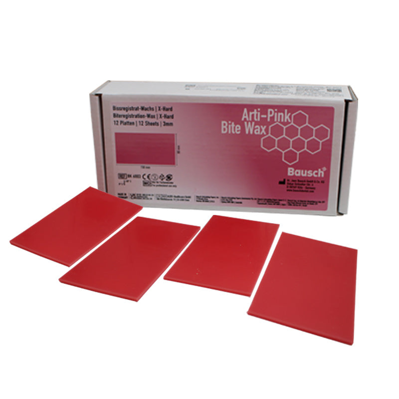 Bausch Arti-Pink Bite Wax for occlusal registration, laboratory dental product, 12-pack, pink-colored wax sheet.