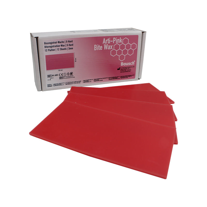 Bausch Arti-Pink Bite Wax occlusal registration wax for dental laboratories, showing pink wax sheets with labeling.