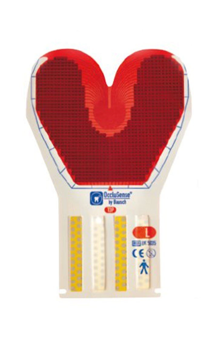 Bausch Occlusense sensors for dental occlusion assessment, showing the small, clear sensors used in dental treatment.