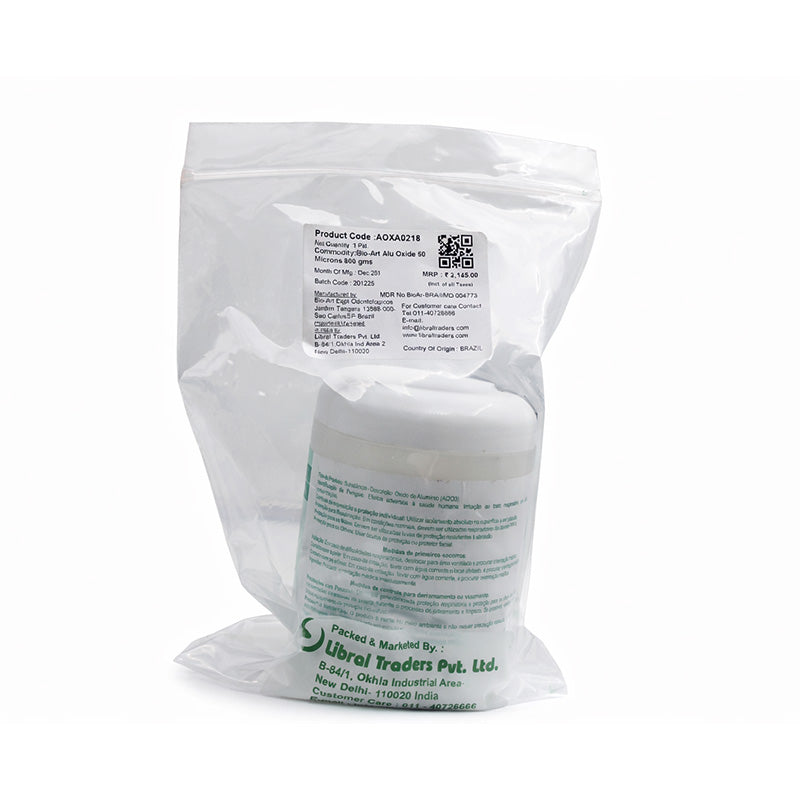 Bio-Art Aluminum Oxide 50 Microns sandblaster abrasive in a 2.0 lb bag, suitable for industrial cleaning and surface preparation.