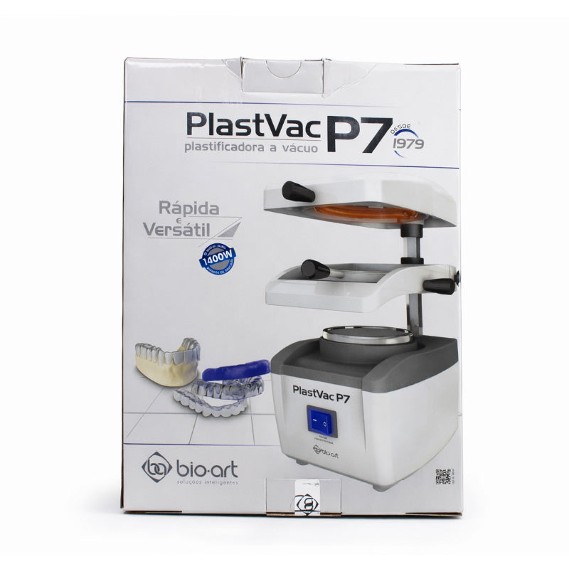 Bio-Art Plast Vac P7 vacuum forming machine shown with control panel and heating elements for plastic molding processes.