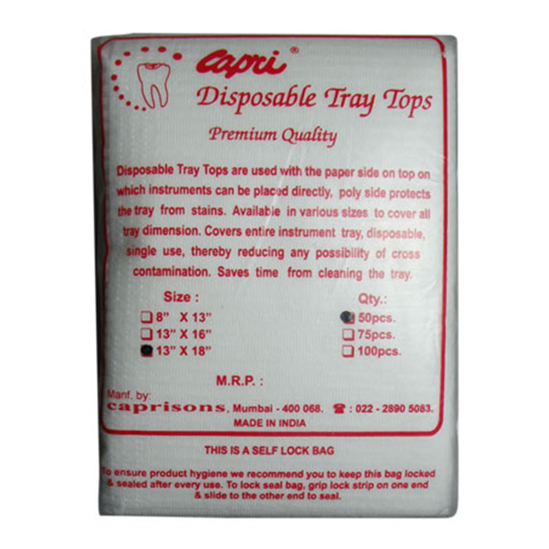Capri disposable tray tops 13x18 inches, PPE apron and patient bibs, towel, and tray paper cover for medical or food service use.