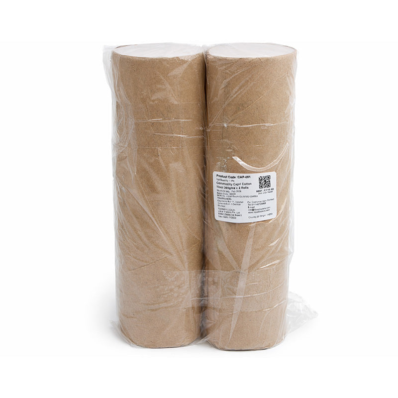 Capri Cotton Wool dispenser with two rolls of 365 grams each, soft cotton for skincare and personal hygiene use.