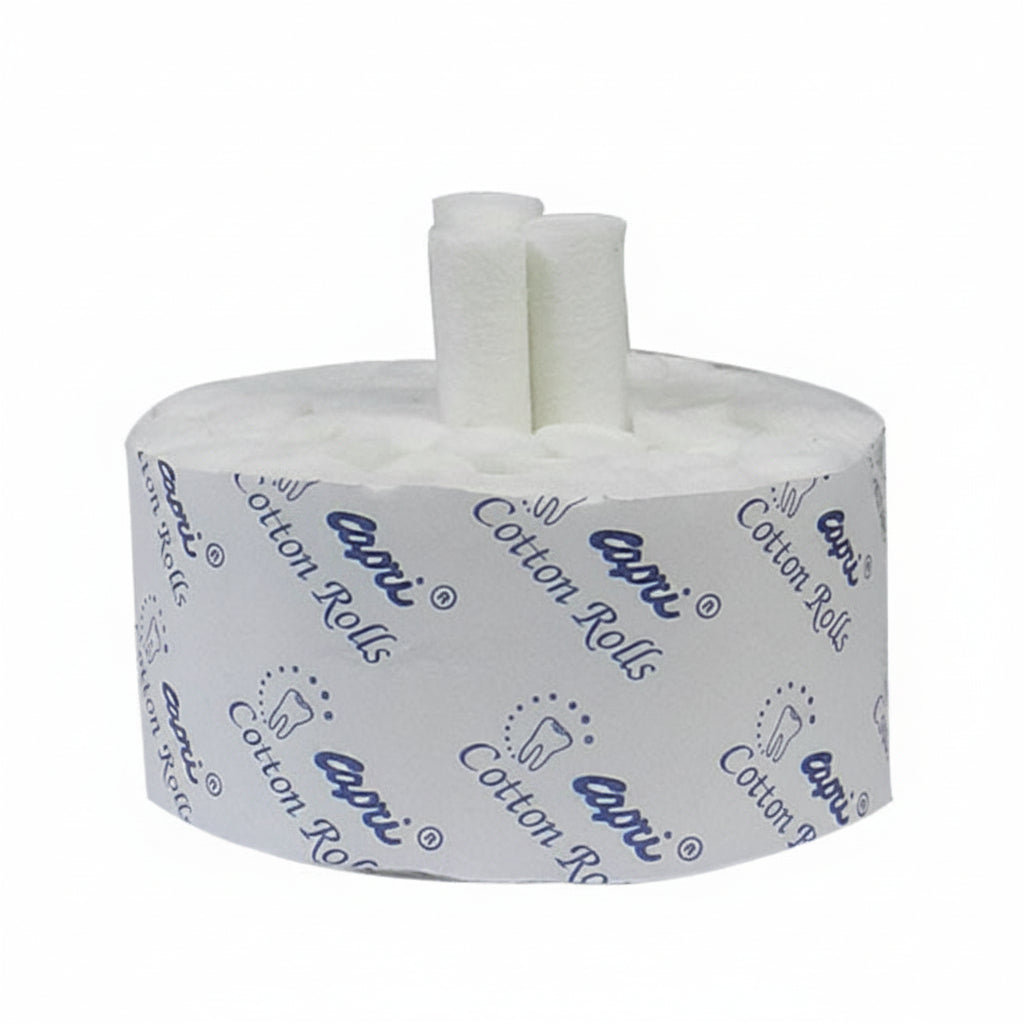 Capri cotton rolls in a cotton dispenser, medium diameter, showing soft, clean cotton rolls for medical or personal use.