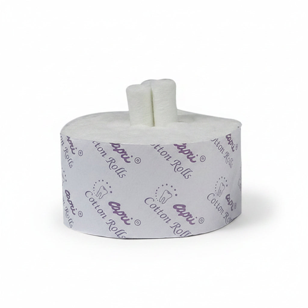 Medium diameter Capri cotton roll in a cotton dispenser, ideal for medical or cosmetic use, with soft, absorbent cotton.