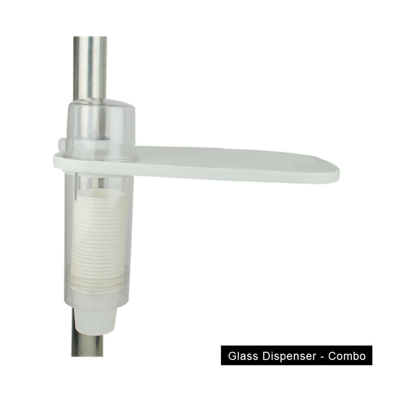 Capri glass dispenser combo with two clear glass bottles and metal pump tops for liquids or condiments.